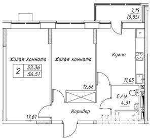 2-к квартира, строящийся дом, 57м2, 7/17 этаж