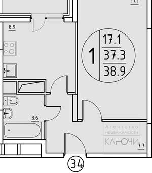 1-к квартира, вторичка, 37м2, 6/9 этаж