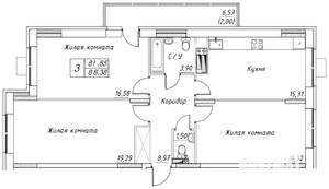 3-к квартира, строящийся дом, 88м2, 12/17 этаж