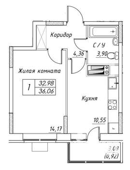 1-к квартира, строящийся дом, 36м2, 4/17 этаж