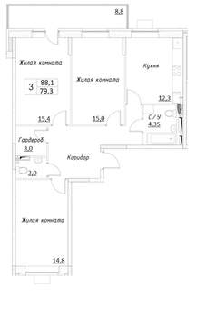 3-к квартира, вторичка, 88м2, 10/14 этаж