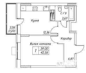 1-к квартира, строящийся дом, 43м2, 2/17 этаж