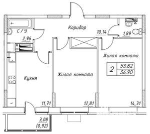 2-к квартира, строящийся дом, 57м2, 9/17 этаж