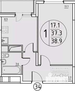 1-к квартира, вторичка, 37м2, 6/9 этаж