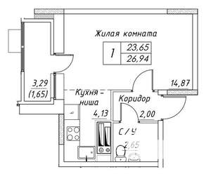 1-к квартира, строящийся дом, 27м2, 2/17 этаж