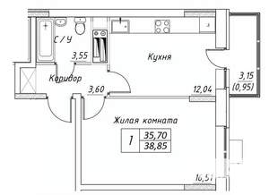 1-к квартира, строящийся дом, 39м2, 2/17 этаж