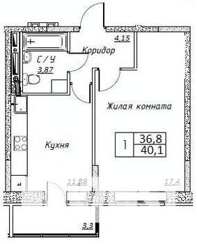 1-к квартира, вторичка, 37м2, 2/14 этаж