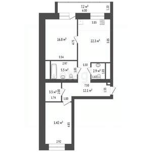 2-к квартира, вторичка, 77м2, 6/12 этаж