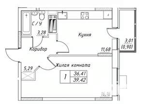 1-к квартира, строящийся дом, 39м2, 6/17 этаж