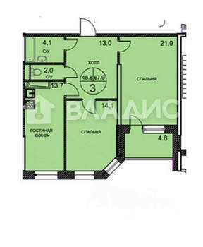 2-к квартира, вторичка, 73м2, 4/15 этаж