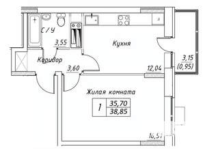 1-к квартира, строящийся дом, 39м2, 8/17 этаж