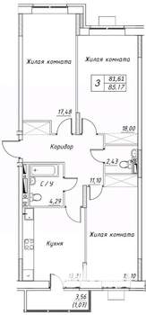3-к квартира, строящийся дом, 85м2, 13/17 этаж