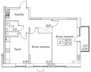 2-к квартира, строящийся дом, 63м2, 6/17 этаж