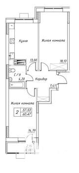 2-к квартира, строящийся дом, 60м2, 2/17 этаж