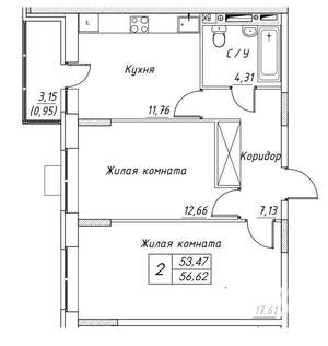 2-к квартира, строящийся дом, 57м2, 3/17 этаж